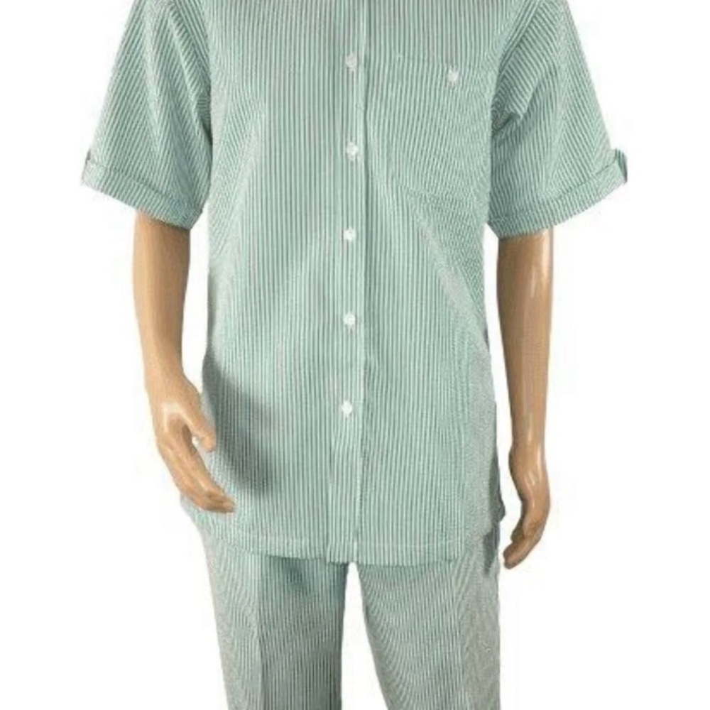 Casual Green Striped Button Down Shirt and Pants Men’s Outfit